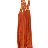 Halter Neck Pleated Chiffon Asymmetrical Maxi Dress with Gold Embroidery