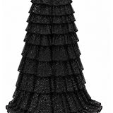 Black Glittered Tulle Tiered Maxi Skirt With Slit