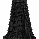 Black Glittered Tulle Tiered Maxi Skirt With Slit
