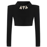 Knitted Black Long Sleeve Crop Top with Crystal Stone Detail