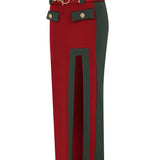 Knitted Bordeux/Green Midi Skirt with High Slit and Gold Belt