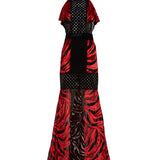Red Velvet Maxi Dress With Black Geometric Cut-Out Details