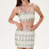 Crystal Printed Crop Top with Hand Embroidered Stones and Crystal Straps