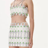 Crystal Printed Crop Top with Hand Embroidered Stones and Crystal Straps