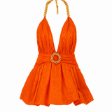 V-Neck Faille Mini Dress with Gold Chain